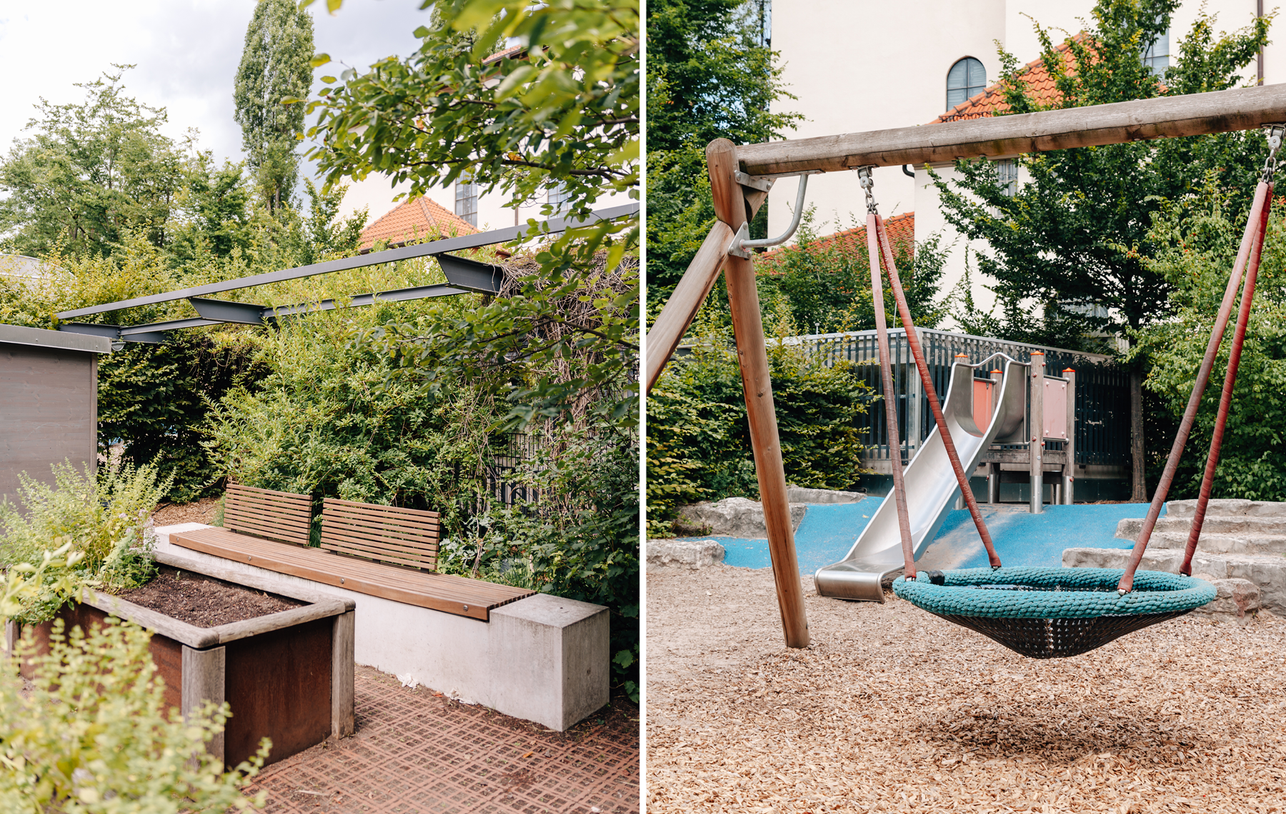 Links: Hochbeet und Sitzbank im Kita Garten Rechts: Vogelnestschaukel und Rutsche im Kita Garten