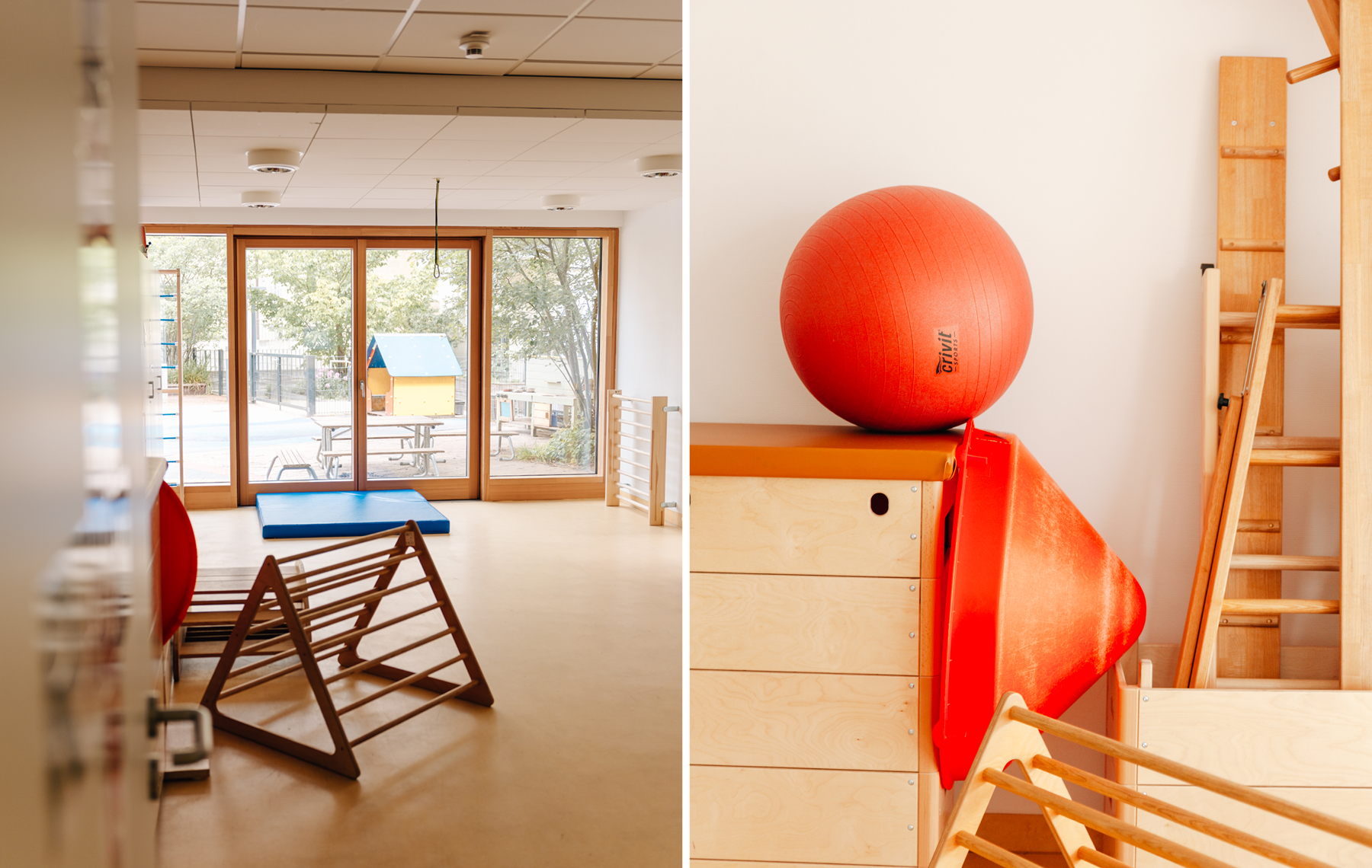 Links: Gruppenraum mit Blick in den Garten Rechts: Verschiedene Geräte für Bewegungsspiele für Kinder