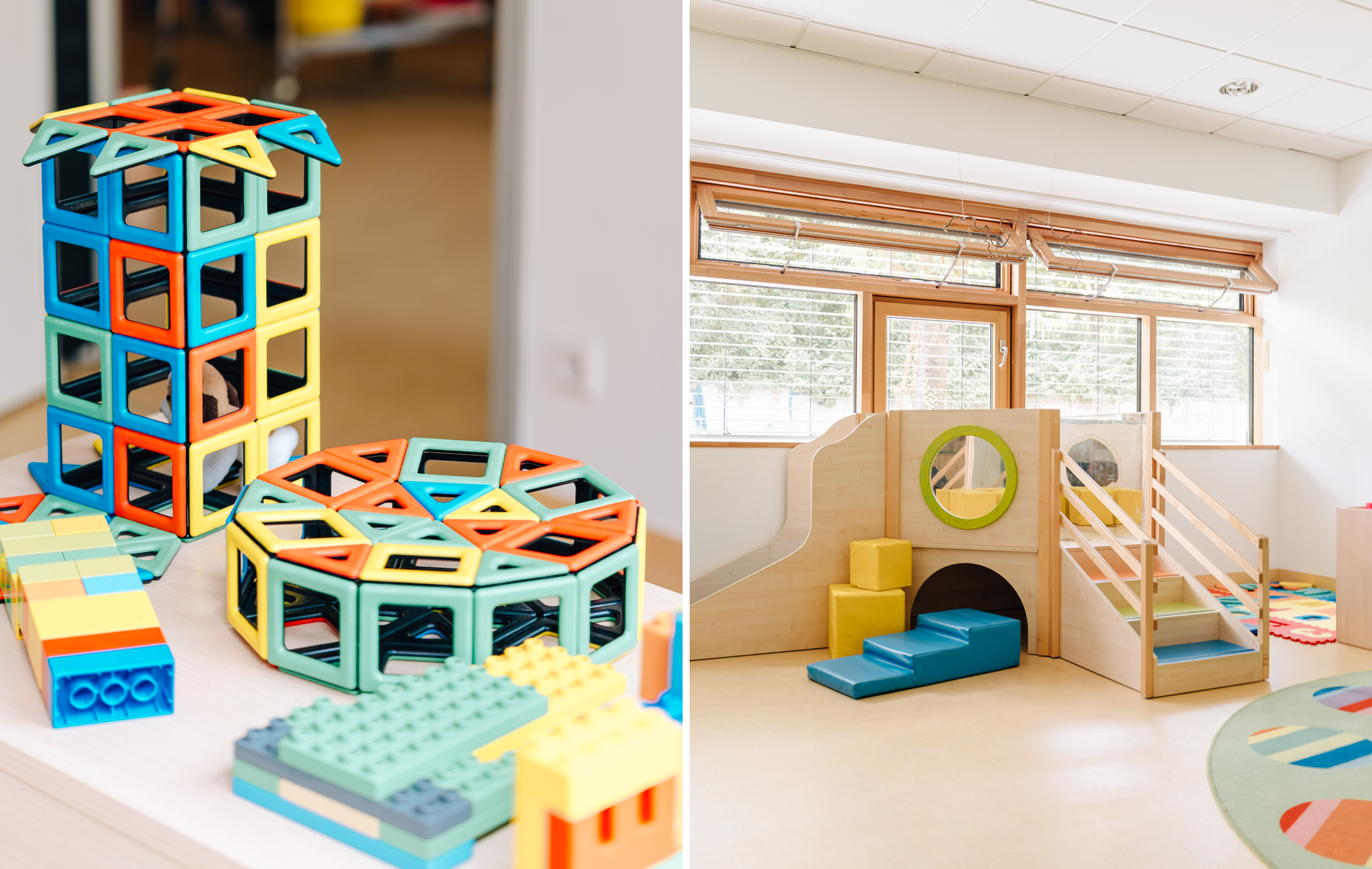 Links: Magnetbautsteine und Lego Rechts: Bewegungsraum mit Holzrutsche