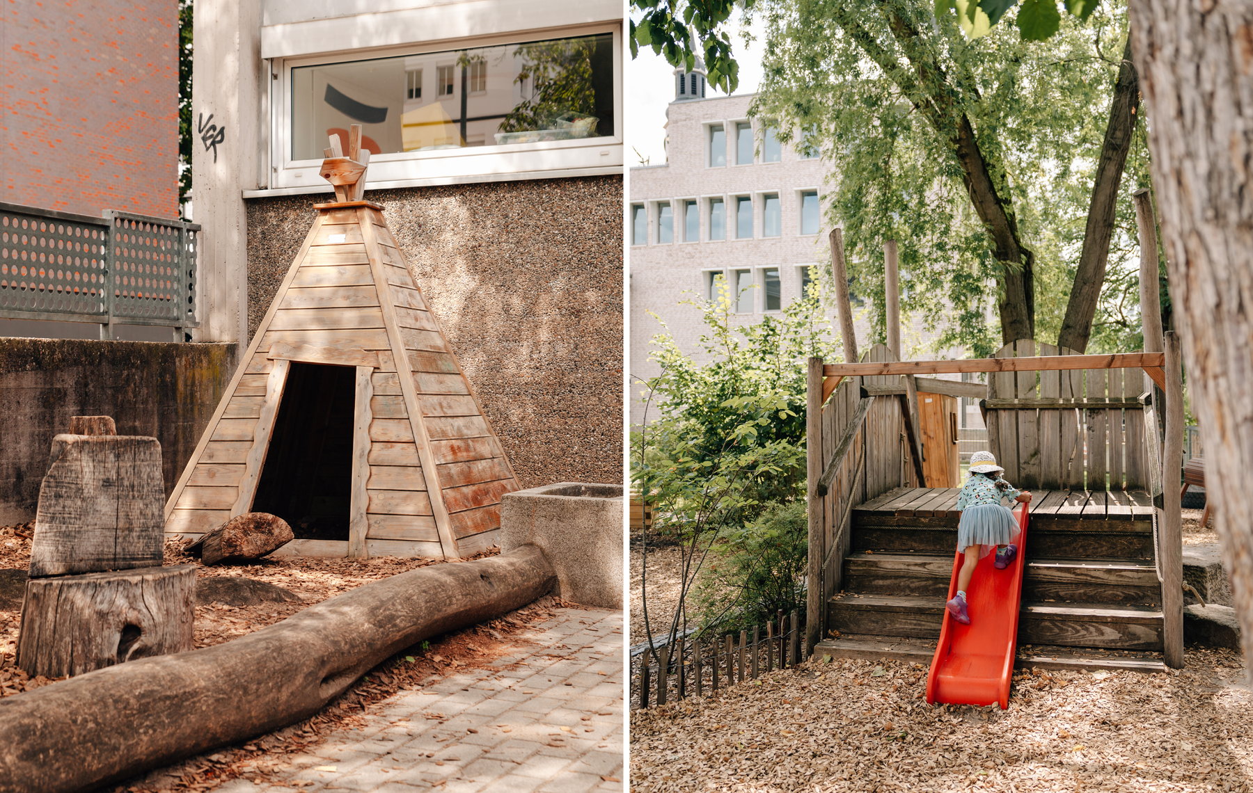 Links: Holztipi im Kita Garten Rechts: Kind, das Rutsche hochklettert