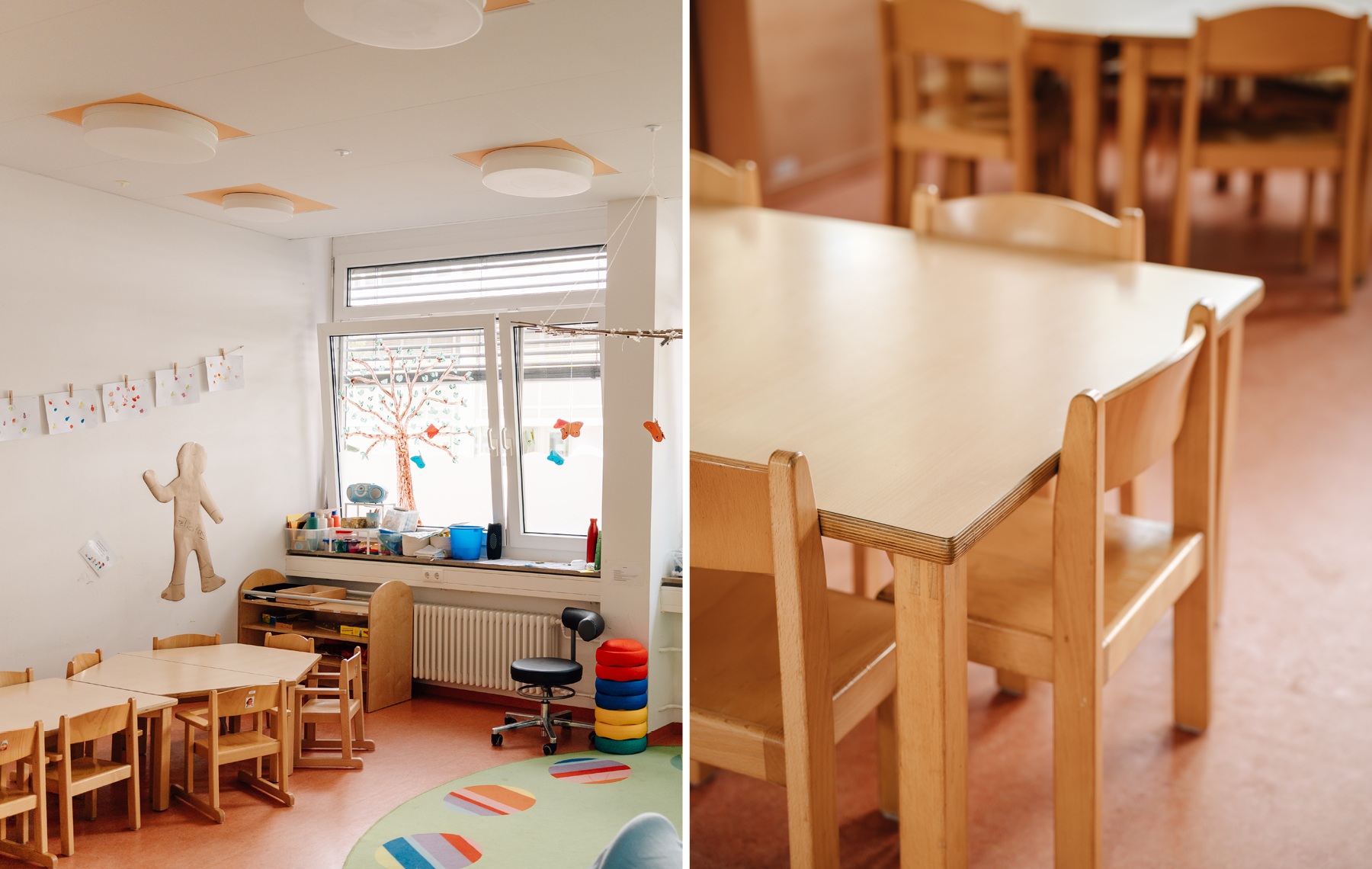 Links: Gruppenraum mit Tischen, Sitzteppich und Blick auf die Fenster Rechts: Tisch mit Stühlen