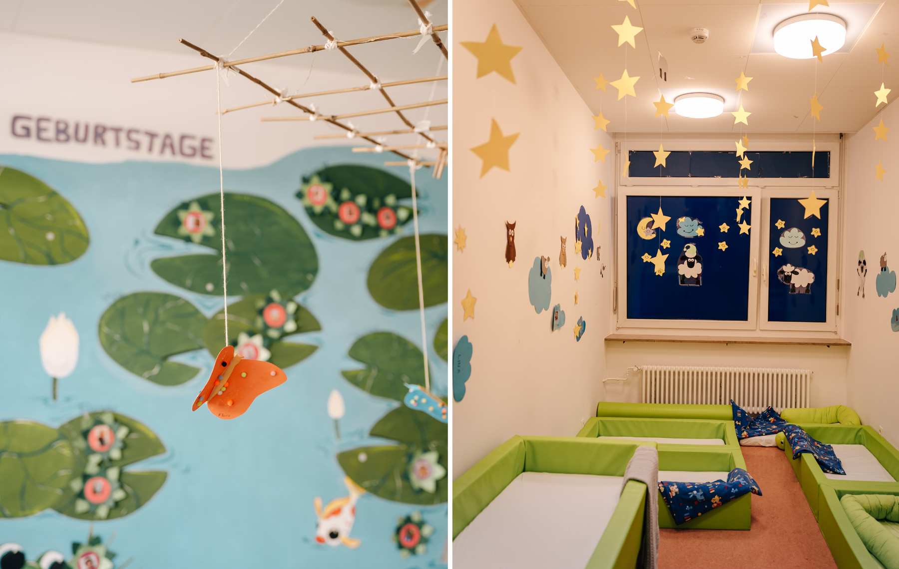 Links: Schmetterlingsdekoration in der Luft Rechts: Kinderbetten im Schlafraum der Kita