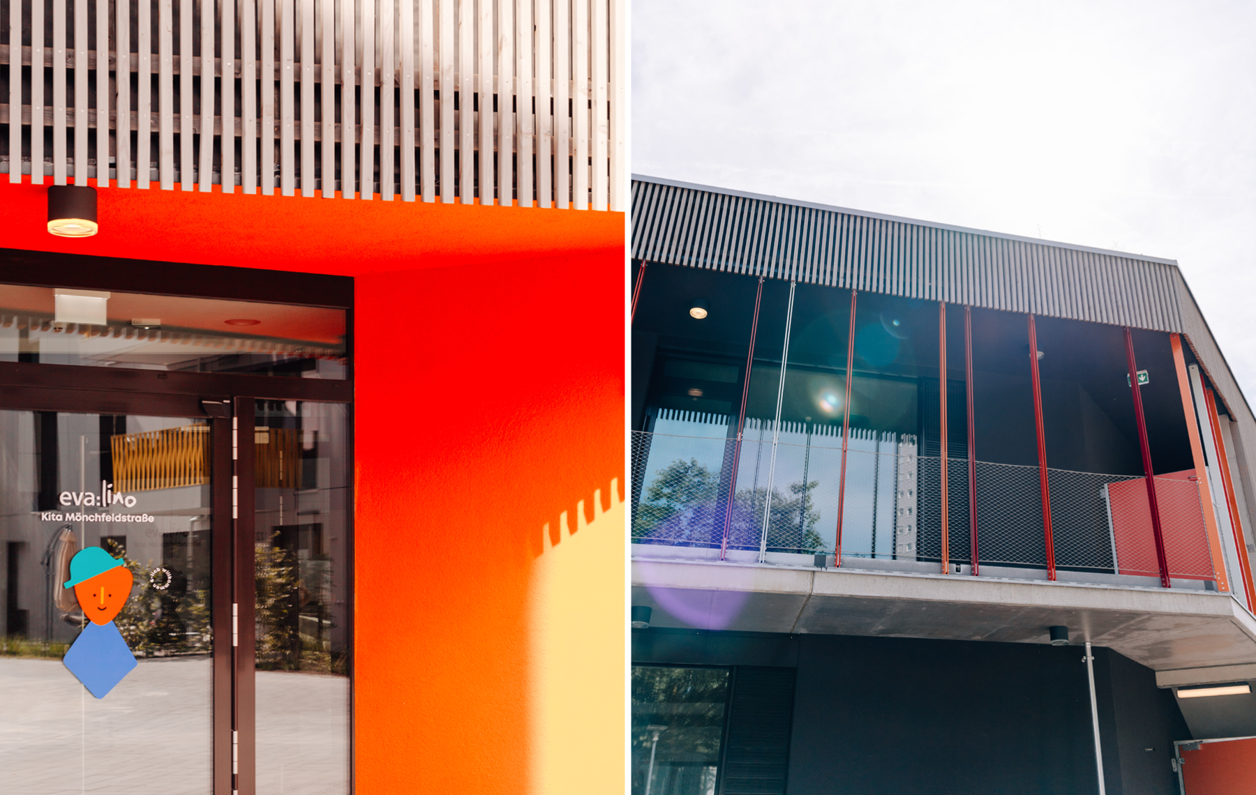 Links: Eingangstür der Kita Mönchfeldstraße mit aufgeklebtem Logo Rechts: Außenfassade der Kita