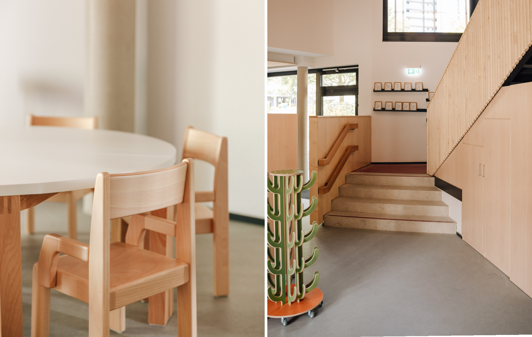 Links: Esstisch aus Holz für Kinder Rechts: Treppe im Eingangsbereich der Kita