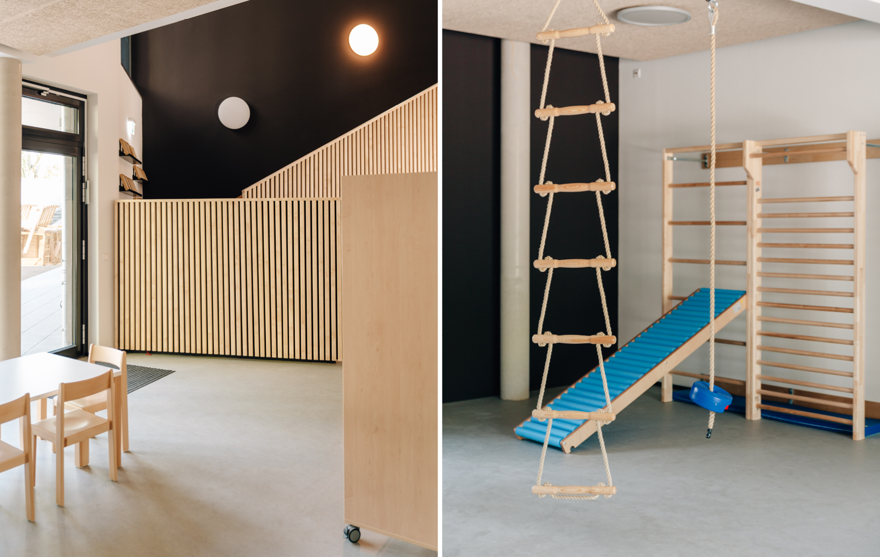Links: Eingangsbereich der Kita Rechts: Kinder Sportraum der Kita