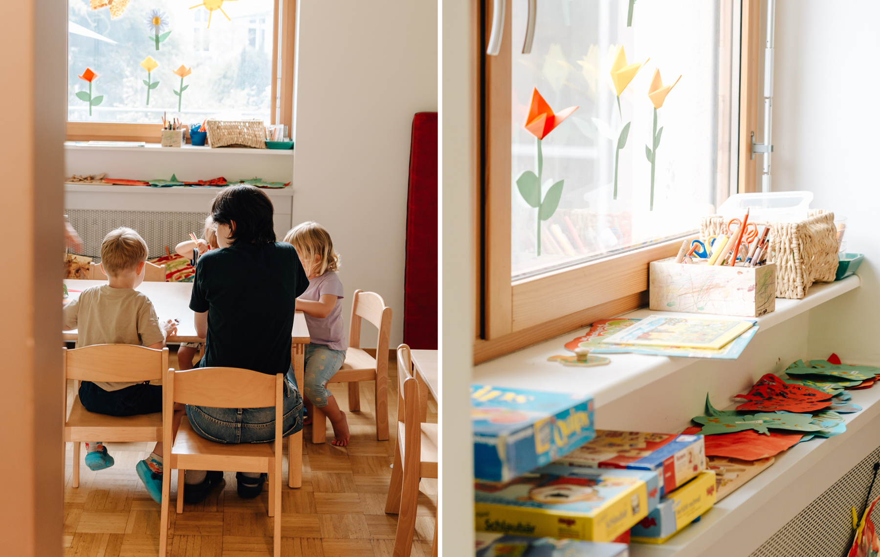 Links: Gruppenraum mit Kindern und einer Mitarbeitenden, die am Tisch sitzen Rechts: Fensterbank mit Spielen und Bastelutensilien
