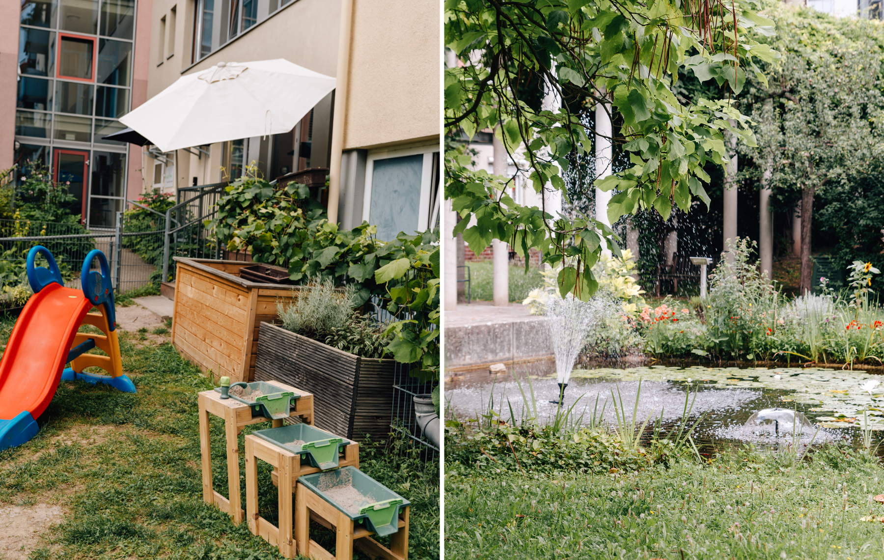 Links: Gartenbereich mit Rutsche, Sandspielstation und Hochbeeten Rechts: Parkanlage mit Teich