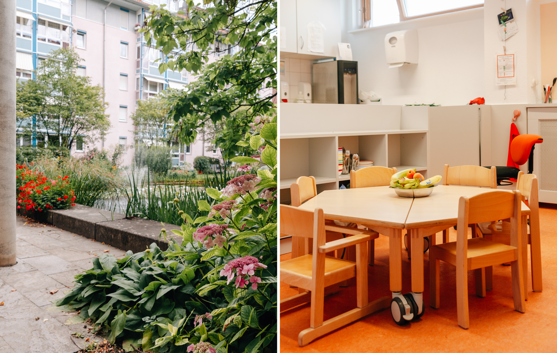 Links: Parkanlage Rechts: Küche mit Esstisch für Kinder