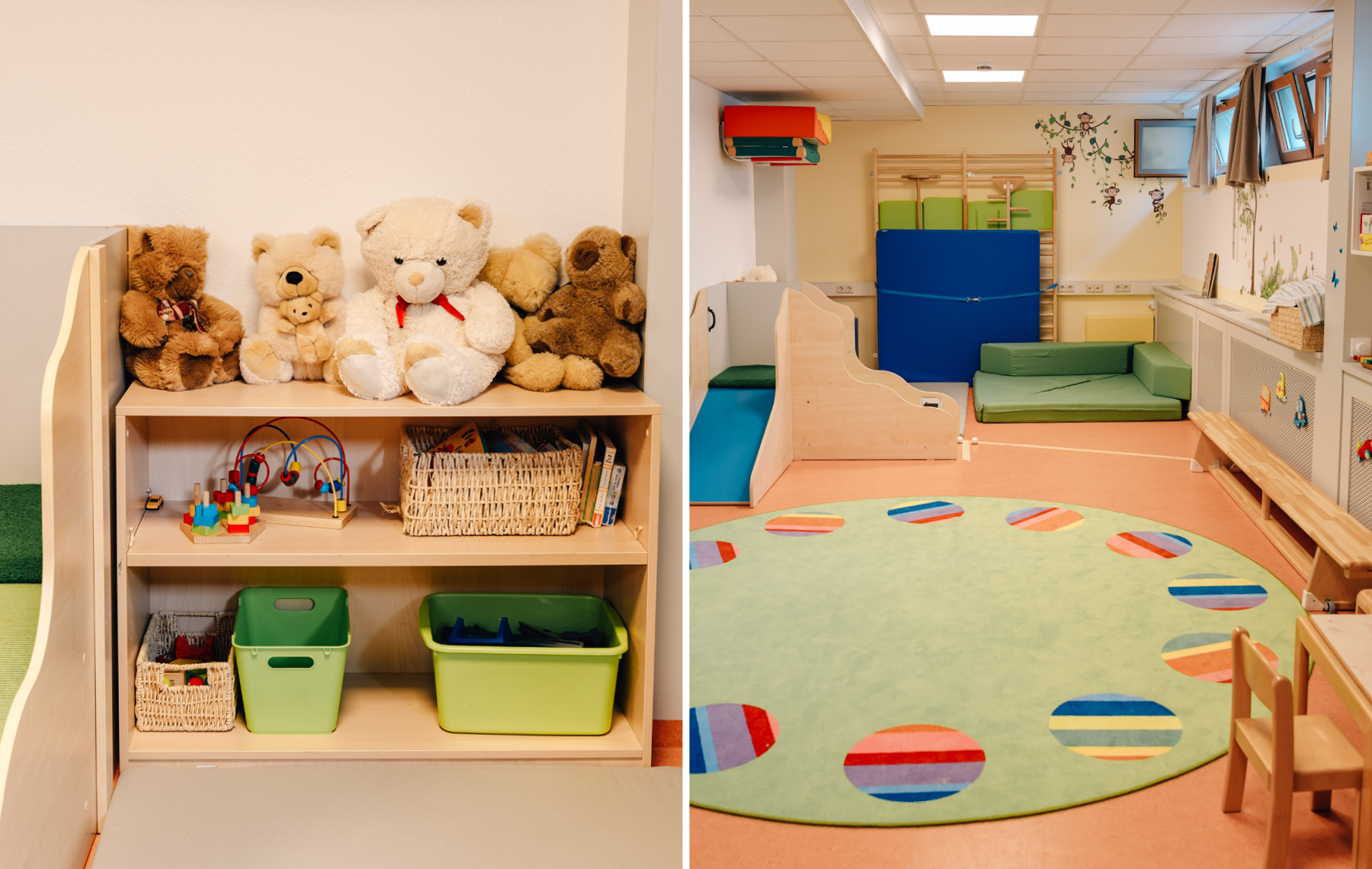 Links: Regal mit Teddybären, Büchern und Spielzeugen Rechts: Gruppenraum mit Holzrutsche und Teppich